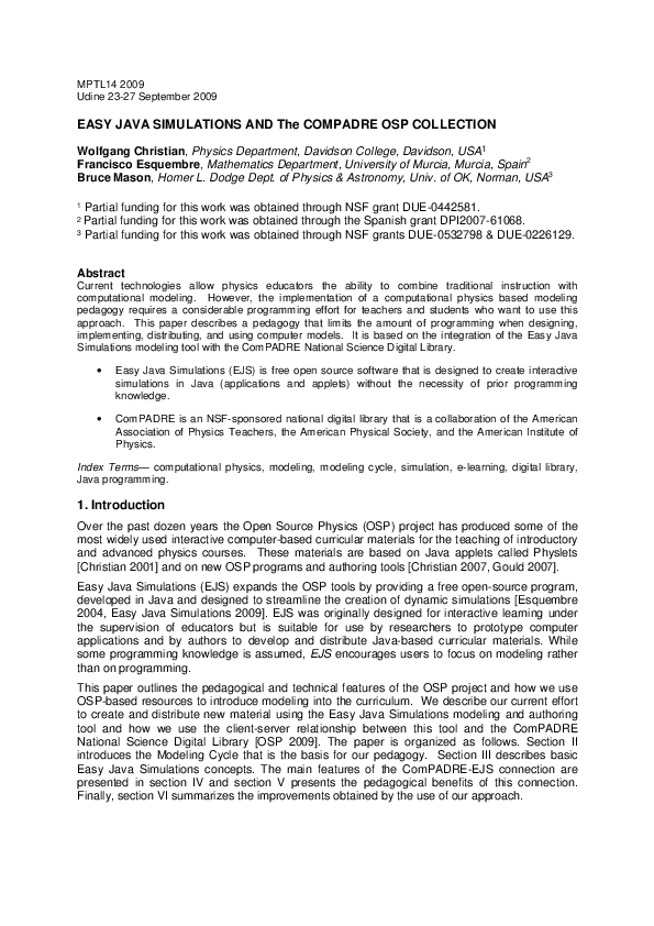 (PDF) Easy Java Simulations and the ComPADRE OSP collection