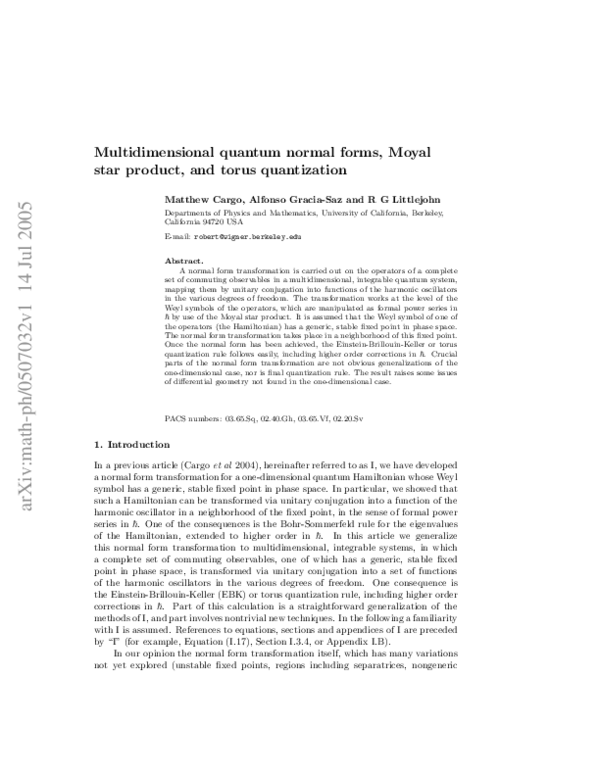 (PDF) Multidimensional quantum normal forms, Moyal star product, and ...
