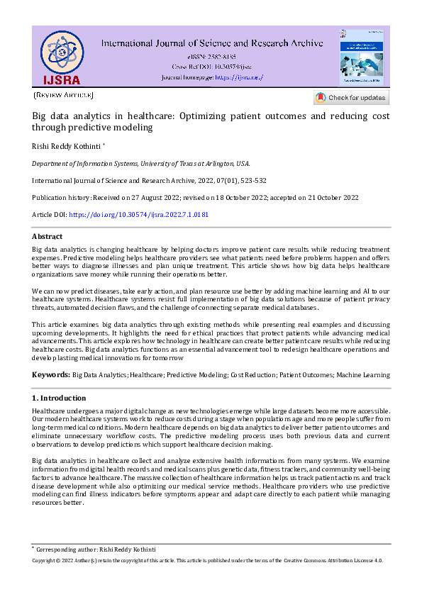 (PDF) Big data analytics in healthcare: Optimizing patient outcomes and ...