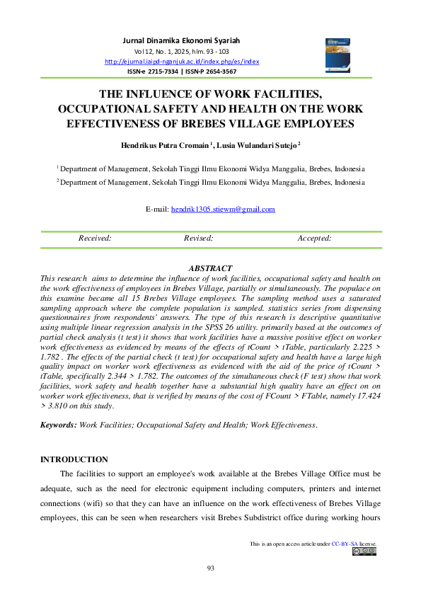 (PDF) THE INFLUENCE OF WORK FACILITIES, OCCUPATIONAL SAFETY AND HEALTH ...