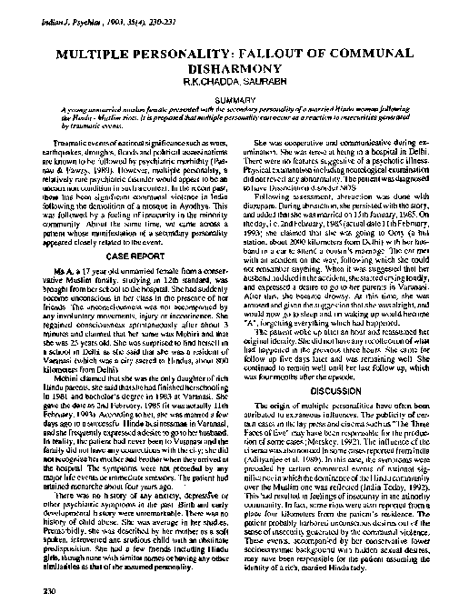 (PDF) Multiple personality: fallout of communal disharmony
