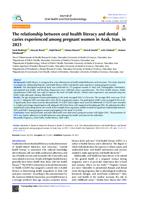 (PDF) The relationship between oral health literacy and dental caries ...