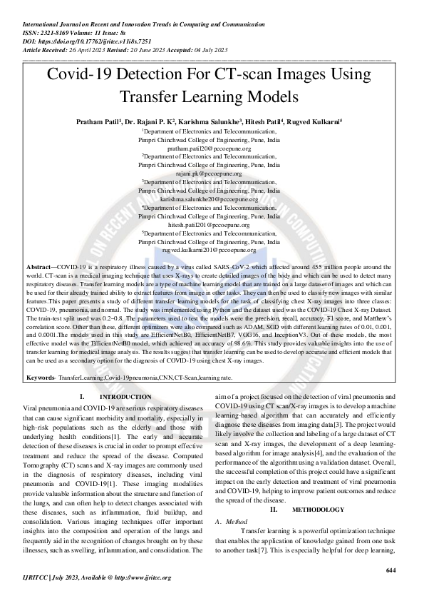 (PDF) Covid-19 Detection For CT-scan Images Using Transfer Learning Models