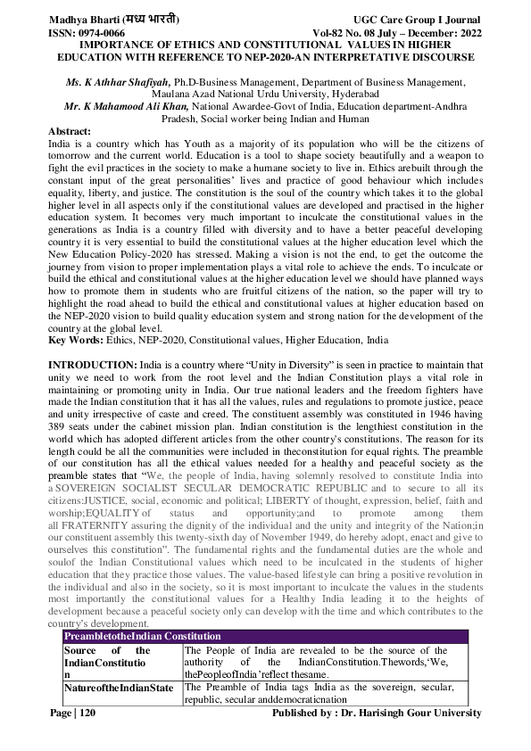 (PDF) IMPORTANCE OF ETHICS AND CONSTITUTIONAL VALUES IN HIGHER ...