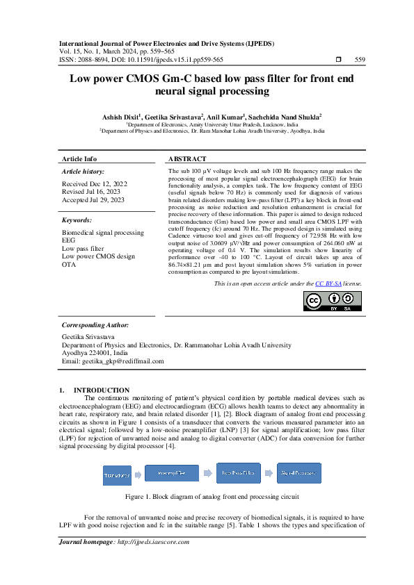 (PDF) Low power CMOS Gm-C based low pass filter for front end neural ...