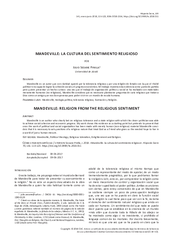 (PDF) Mandeville: la cultura del sentimiento religioso