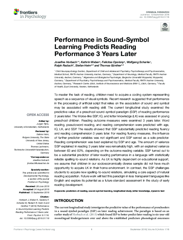 (PDF) Performance in Sound-Symbol Learning Predicts Reading Performance ...