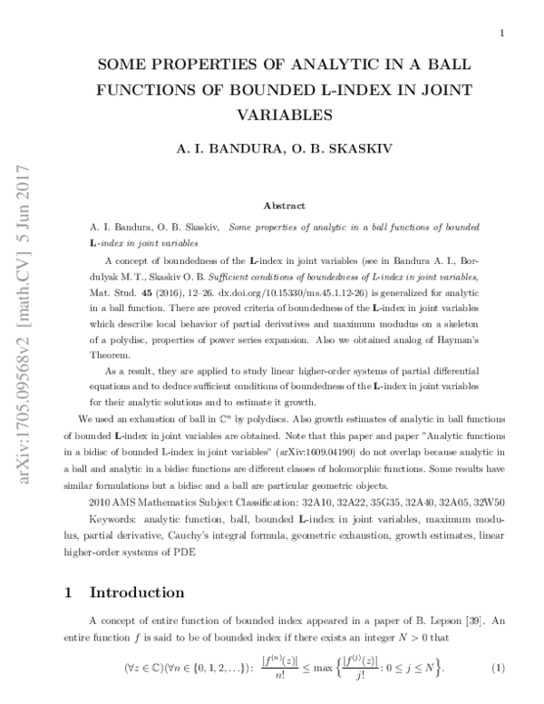 (PDF) Analytic in a ball functions of bounded $\mathbf{L}$-index in ...