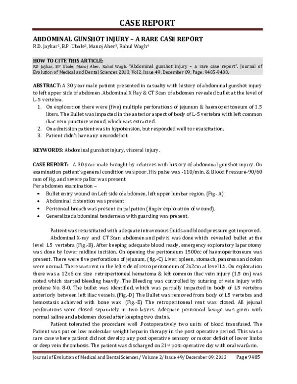 (PDF) Abdominal Gunshot Injury – a Rare Case Report