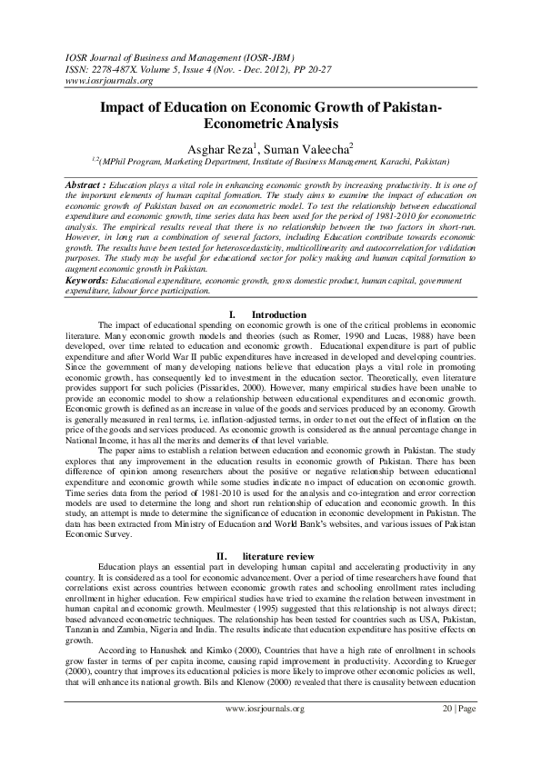 (PDF) Impact of Education on Economic Growth of PakistanEconometric ...