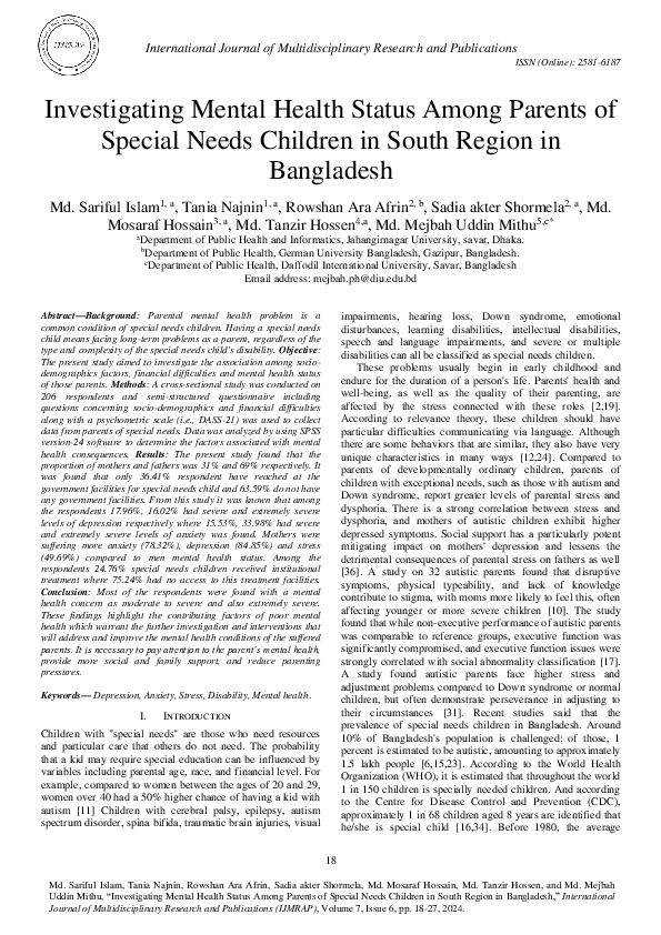 (PDF) Investigating Mental Health Status Among Parents of Special Needs ...