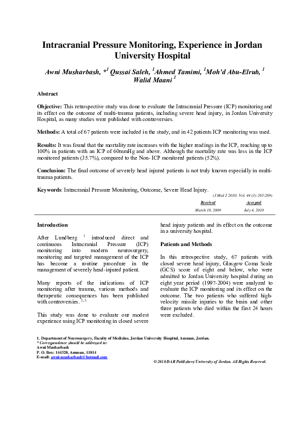 (PDF) Intracranial Pressure Monitoring, Experience in Jordan University ...