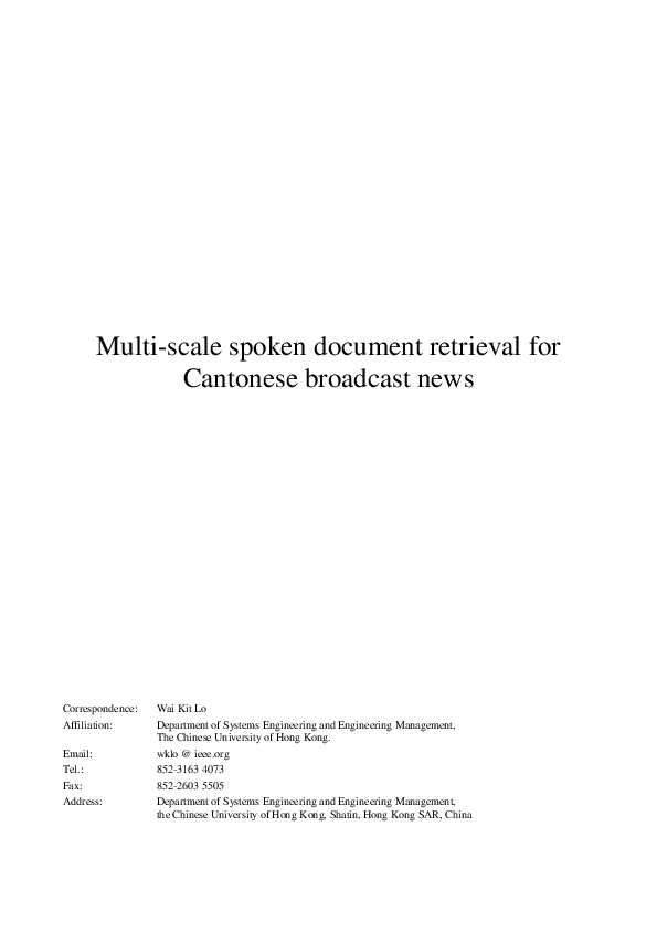 (PDF) Multi-Scale Spoken Document Retrieval for Cantonese Broadcast News