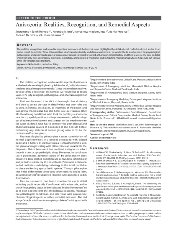 (PDF) Anisocoria: Realities, Recognition, and Remedial Aspects