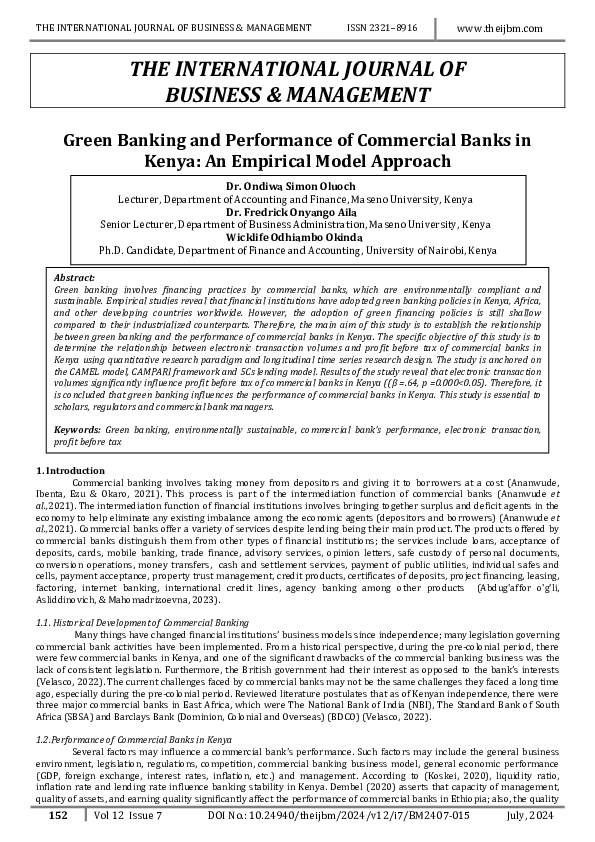 (PDF) Green Banking and Performance of Commercial Banks in Kenya: An ...