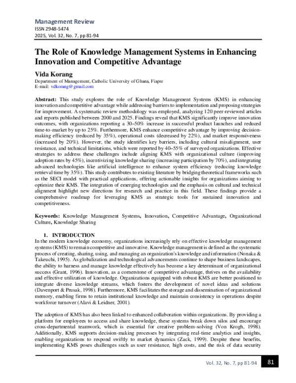 (PDF) The Role of Knowledge Management Systems in Enhancing Innovation ...