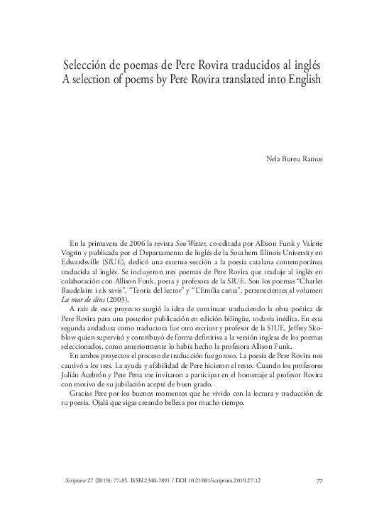 (PDF) Selección de poemas de Pere Rovira traducidos al inglés