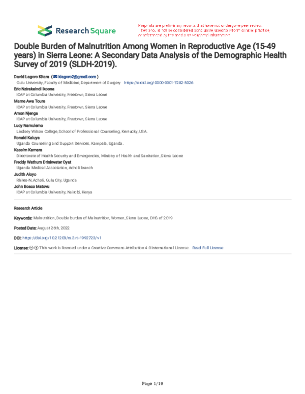 (PDF) Double Burden of Malnutrition Among Women in Reproductive Age (15 ...