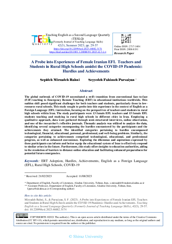 (PDF) A Probe into Experiences of Female Iranian EFL Teachers and ...