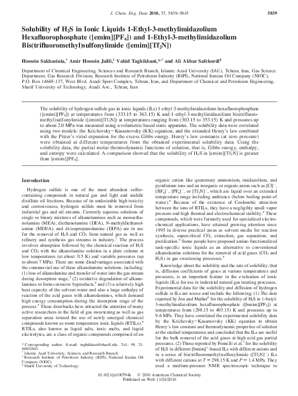 (PDF) Solubility of H2S in Ionic Liquids 1-Ethyl-3-methylimidazolium ...