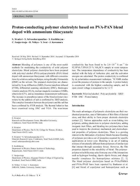 (PDF) Proton Conducting Polymer Electrolyte Based on Pan