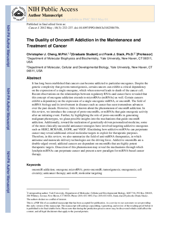 (PDF) The Duality of OncomiR Addiction in the Maintenance and Treatment ...