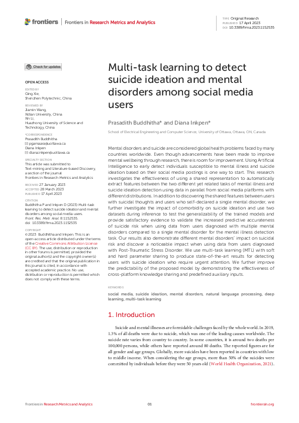 (PDF) Multi-task learning to detect suicide ideation and mental ...