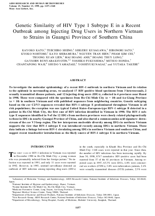 (PDF) Genetic Similarity of HIV Type 1 Subtype E in a Recent Outbreak ...