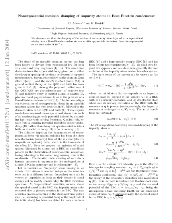 (PDF) Non-Exponential Motional Damping of Impurity Atoms in Bose ...