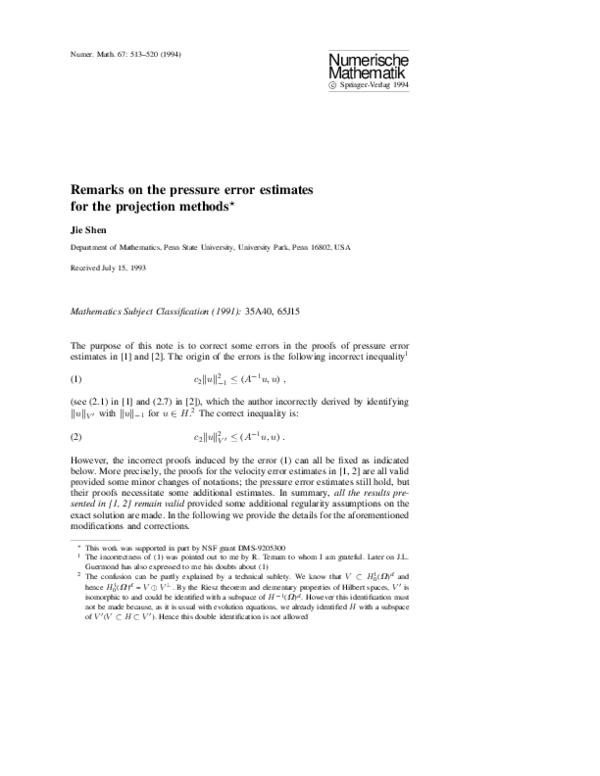 (PDF) Remarks on the pressure error estimates for the projection methods