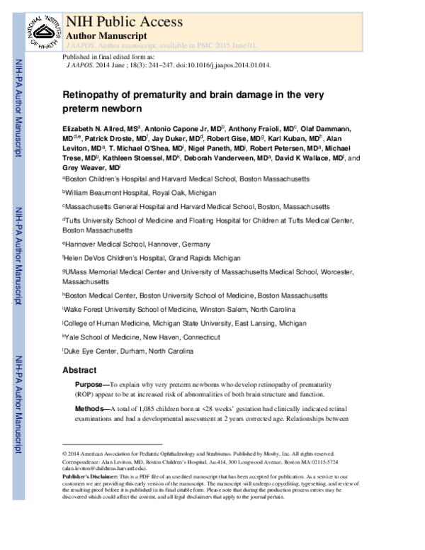 (PDF) Retinopathy of prematurity and brain damage in the very preterm ...