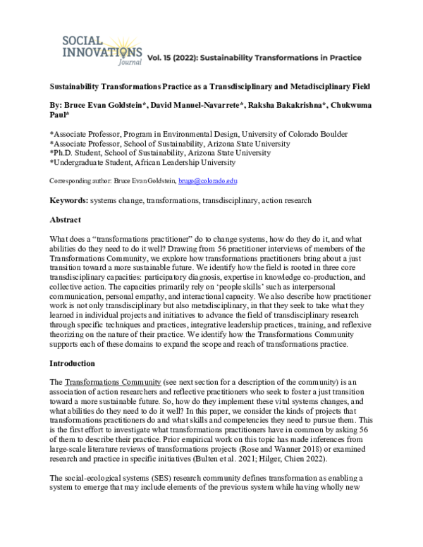 (PDF) Sustainability Transformations Practice as a Transdisciplinary ...