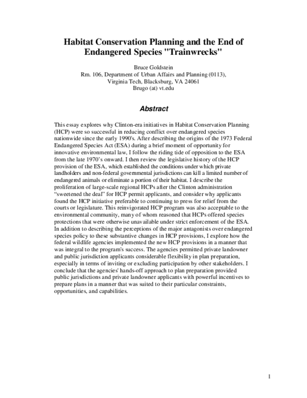 (PDF) Habitat Conservation Planning and the End of Endangered Species ...
