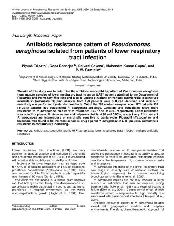 (PDF) Antibiotic resistance pattern of Pseudomonas aeruginosa isolated ...
