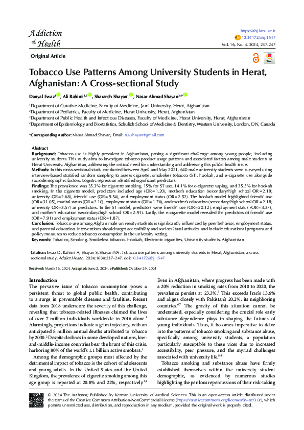 (PDF) Tobacco Use Patterns Among University Studentsin Herat ...