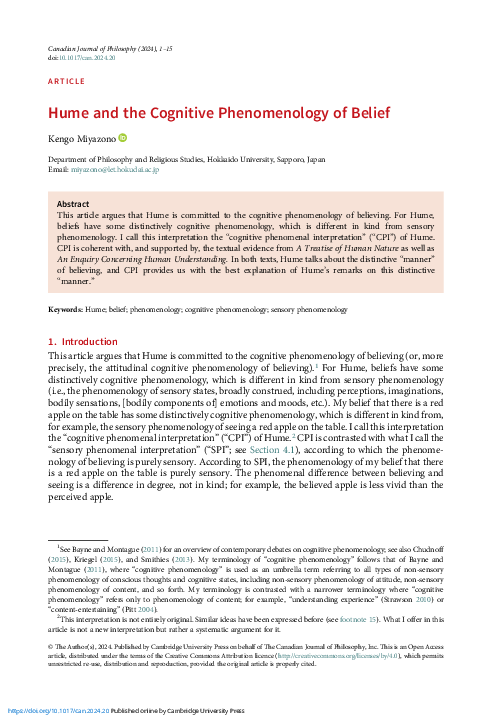 (PDF) Hume and the Cognitive Phenomenology of Belief
