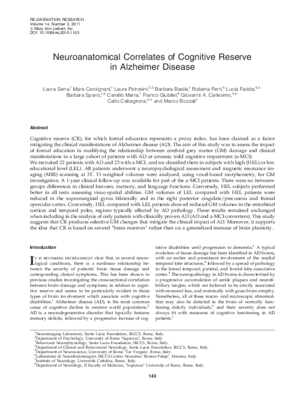 (PDF) Neuroanatomical Correlates of Cognitive Reserve in Alzheimer Disease