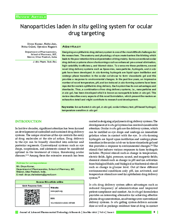 (PDF) Nanoparticles laden in situ gelling system for ocular drug targeting