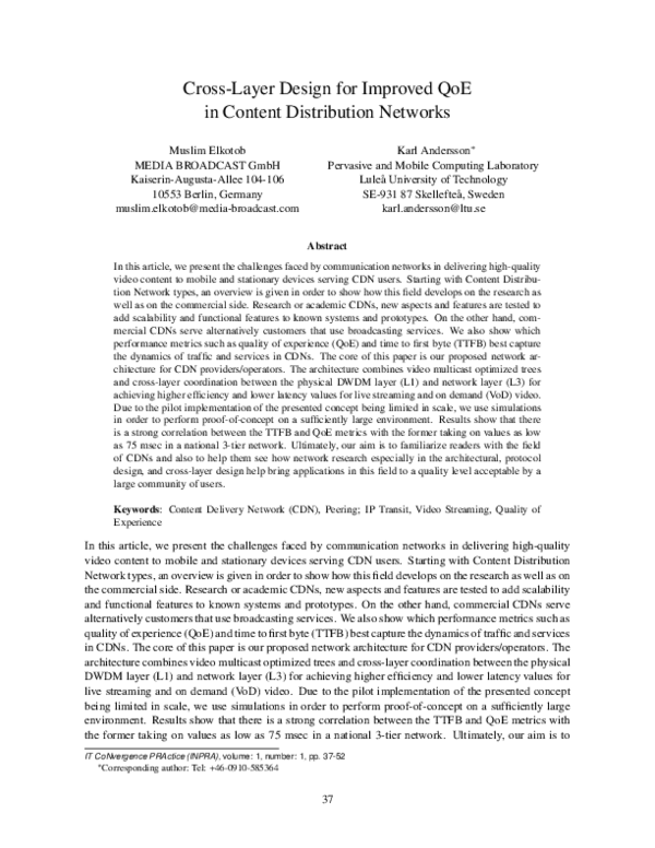 (PDF) Cross-Layer Design for Improved QoE in Content Distribution Networks