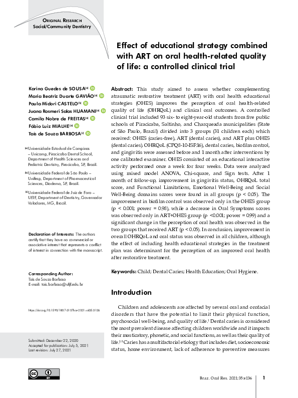 (PDF) Effect of educational strategy combined with ART on oral health ...