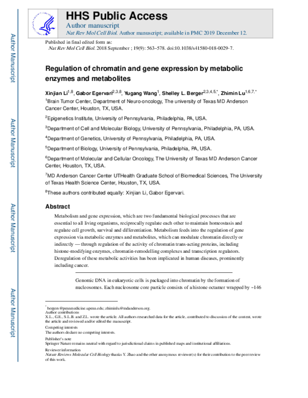 (PDF) Regulation of chromatin and gene expression by metabolic enzymes ...