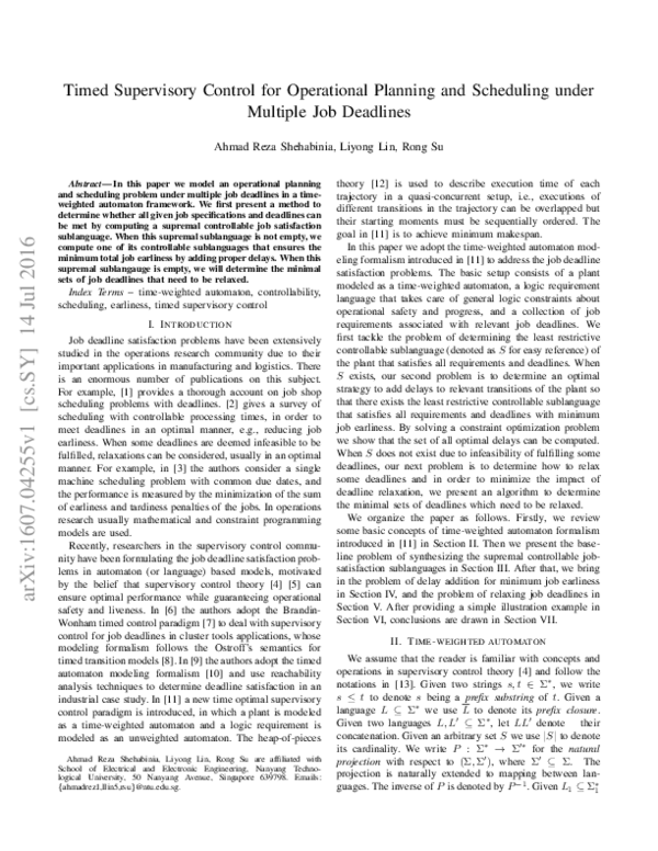 (PDF) Timed Supervisory Control for Operational Planning and Scheduling ...