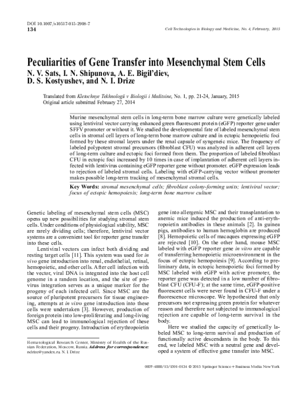 (PDF) Peculiarities of Gene Transfer into Mesenchymal Stem Cells