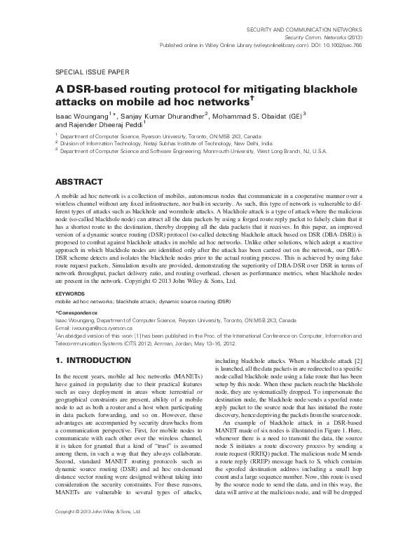 (PDF) A DSR-based routing protocol for mitigating blackhole attacks on ...