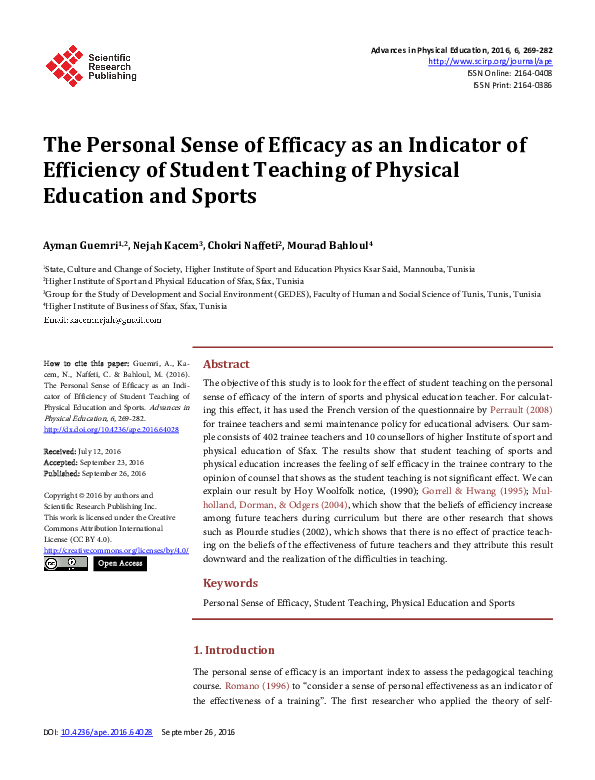 (PDF) The Personal Sense of Efficacy as an Indicator of Efficiency of ...