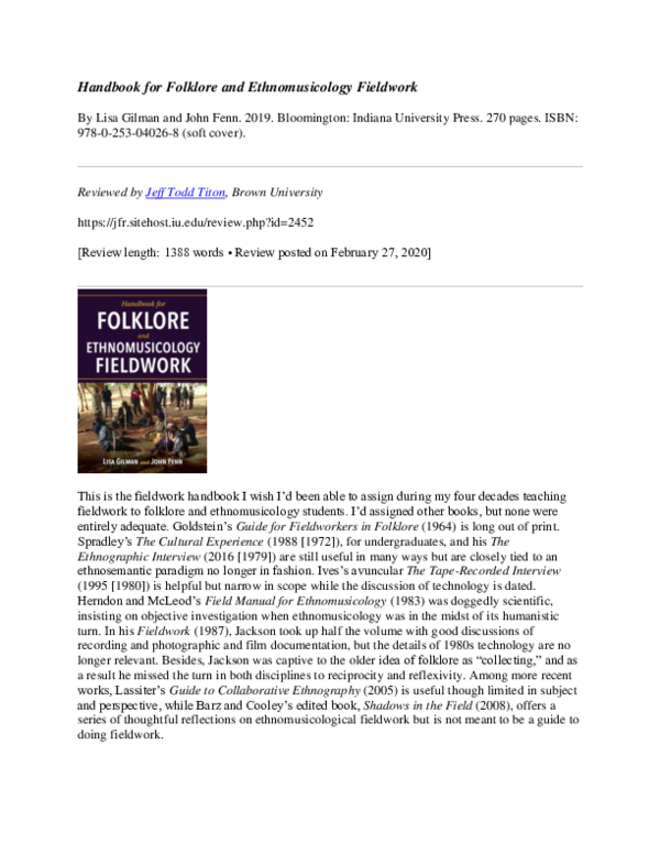 (PDF) Handbook for Folklore and Ethnomusicology Fieldwork (2020)