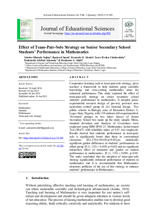 (PDF) Effect of Team-Pair-Solo Strategy on Senior Secondary School ...