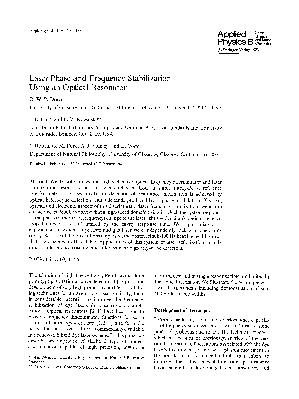 (PDF) Laser phase and frequency stabilization using an optical resonator