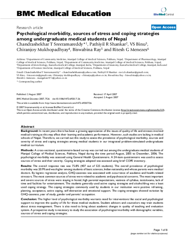 (PDF) Psychological morbidity, sources of stress and coping strategies ...