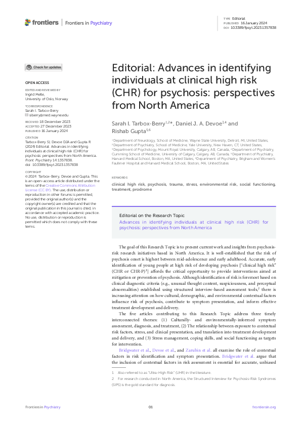 (PDF) Editorial: Advances in identifying individuals at clinical high ...
